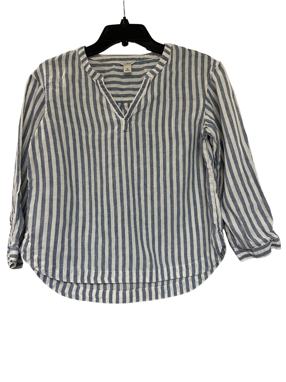 LL Bean 100% Linen Striped Tunic Top XS Blue White Split Neck Popover 3/4 Sleeve